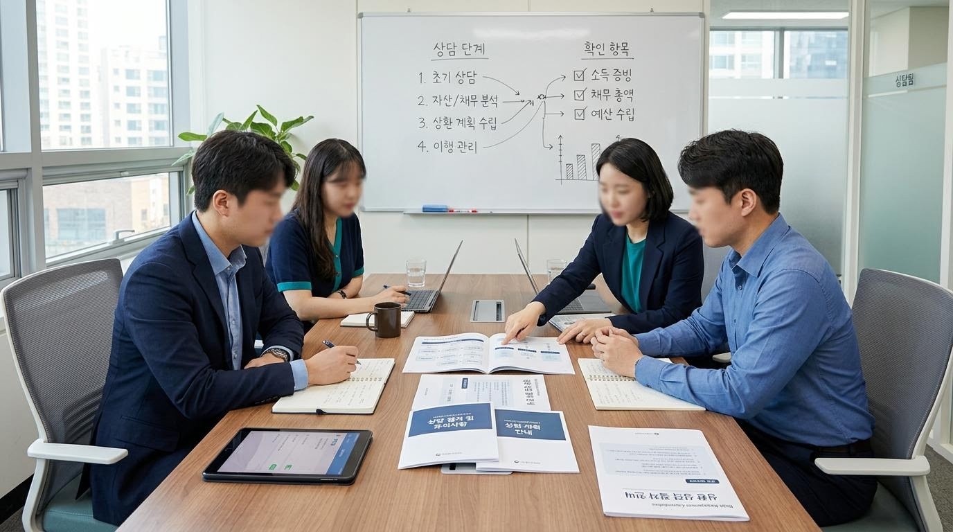 상담팀이 회의 테이블에서 안내 자료를 검토하는 모습